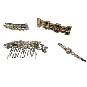 Vintage Lot of 4 Hair Accessories Barrettes Comb Bobby Pin Silver Rhinestone Pea
